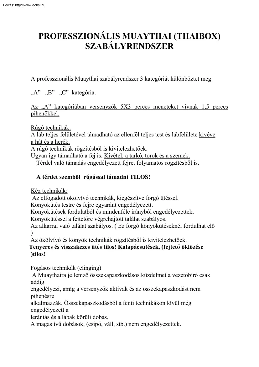 Professzionális muay thai, thaibox szabályrendszer