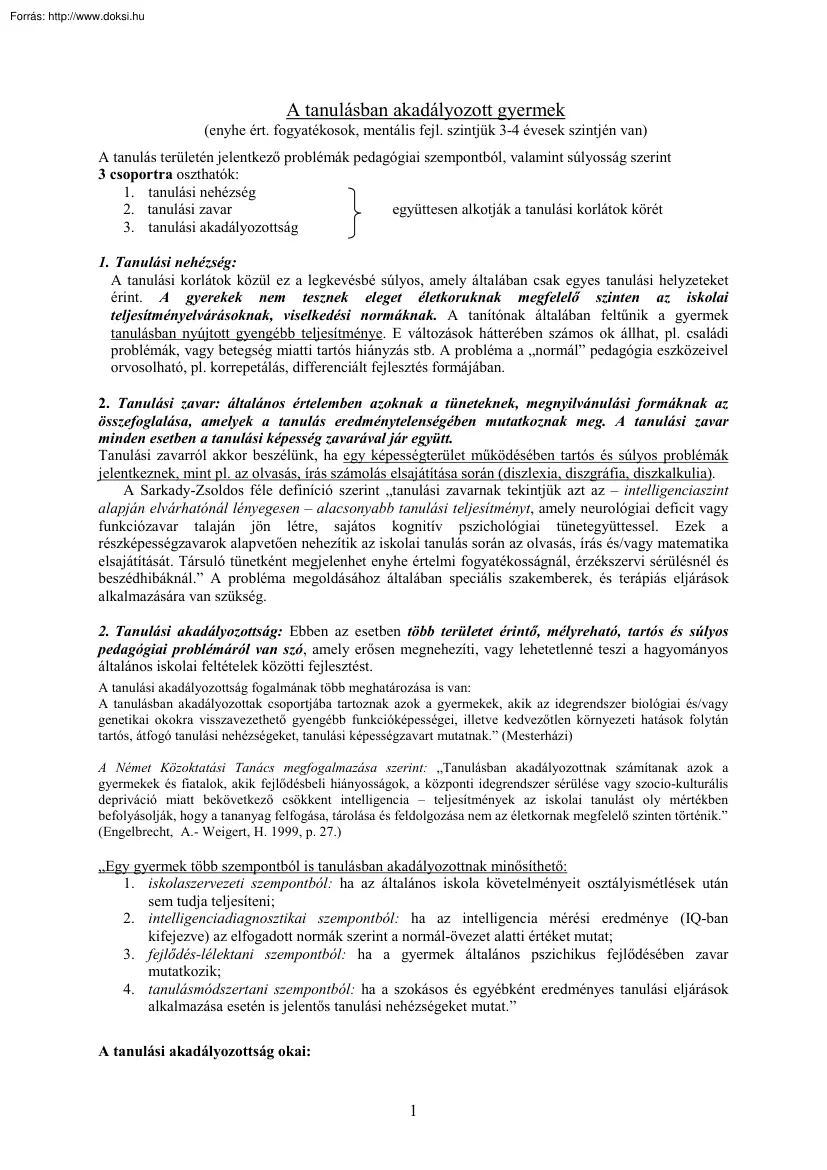 A tanulásban akadályozott gyermek