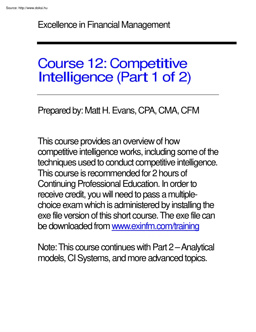 Excellence in financial management, Competitive intelligence