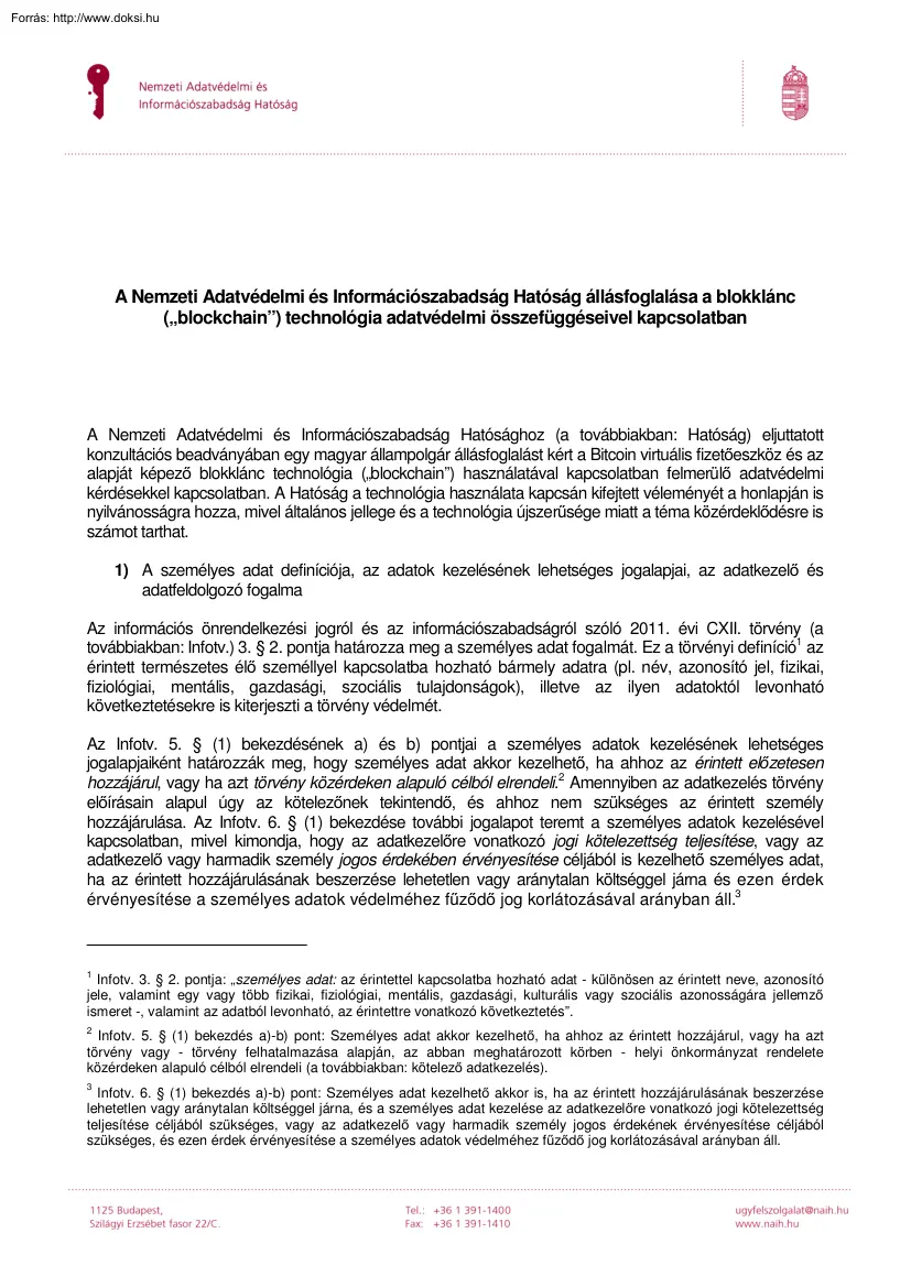 A Nemzeti Adatvédelmi és Információszabadság Hatóság állásfoglalása a blokklánc