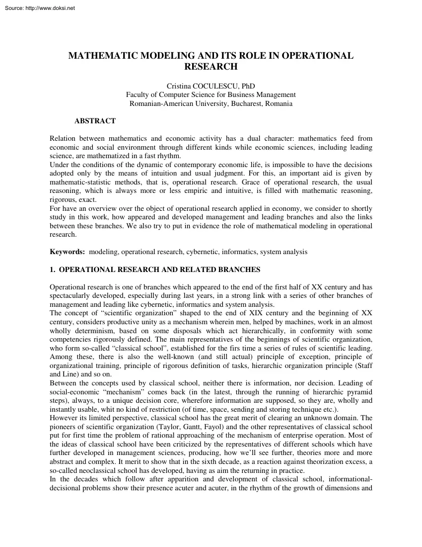 Cristina Coculescu - Mathematical Modeling and Its Role in Operational Research