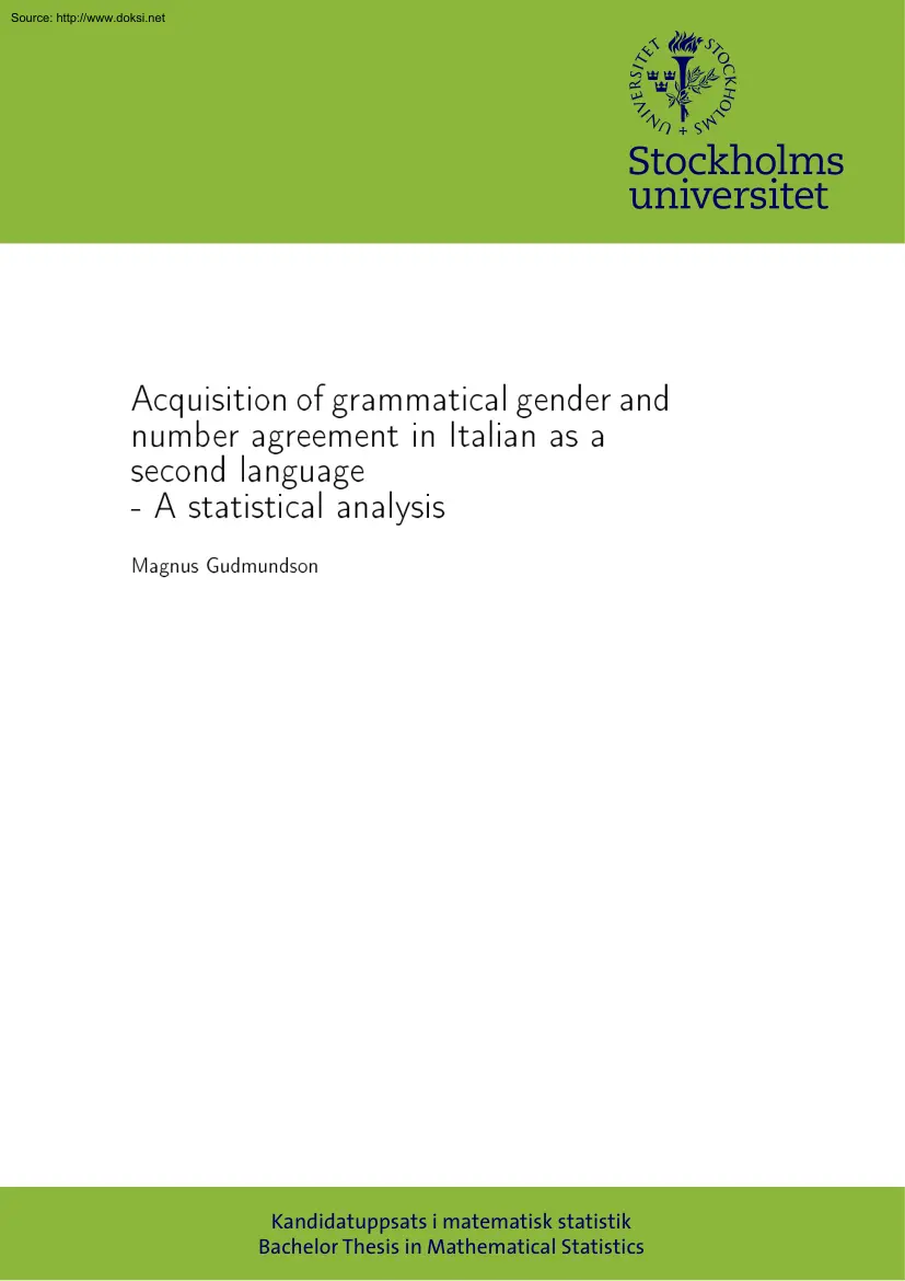 Magnus Gudmundson - Acquisition of Grammatical Gender and Number Agreement in Italian as a Second