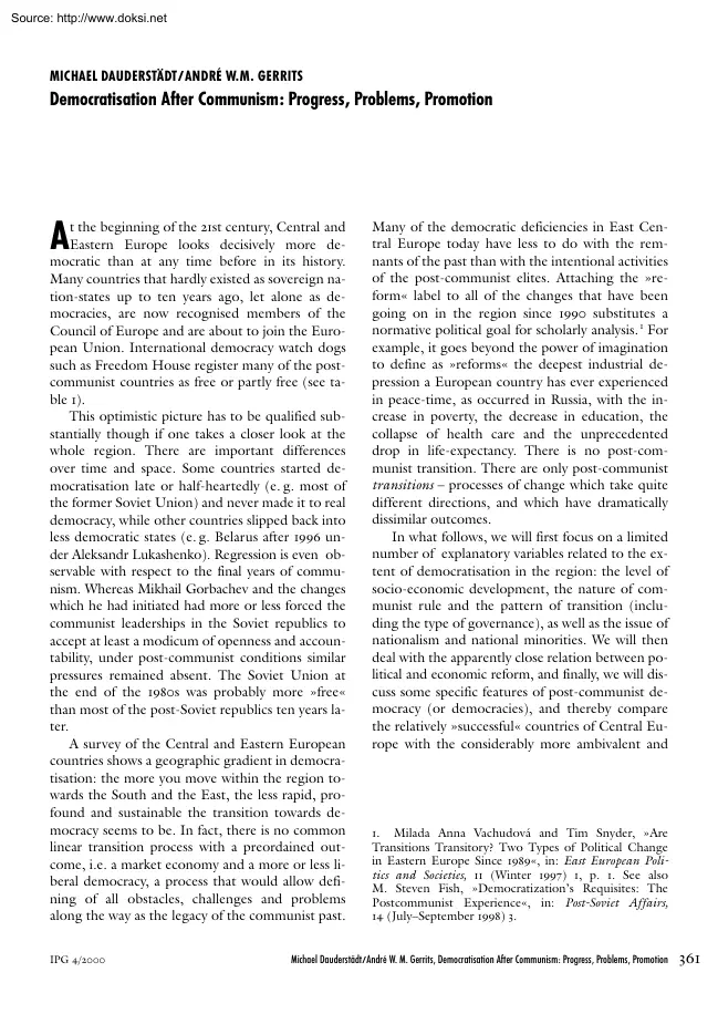 Dauderstadt-Gerrits - Democratisation After Communism, Progress, Problems, Promotion