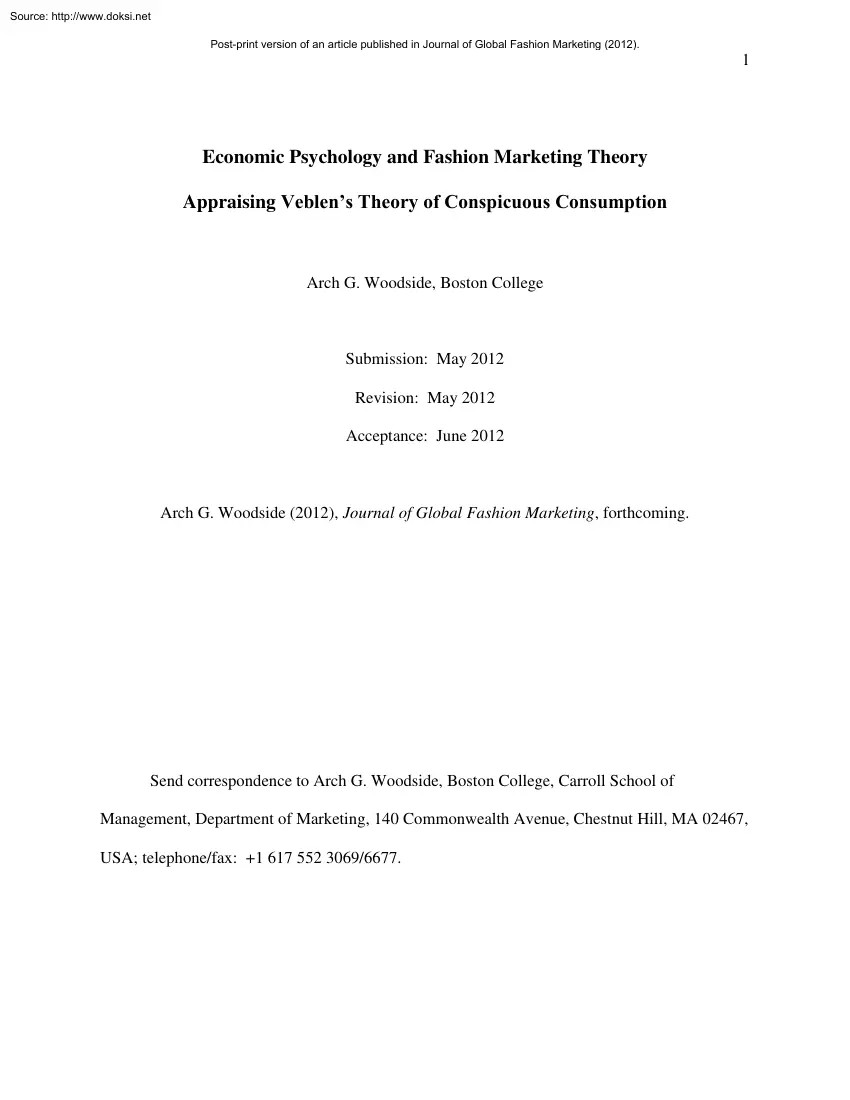 Arch Woodside - Economic Psychology and Fashion Marketing Theory, Appraising Veblen Theory of