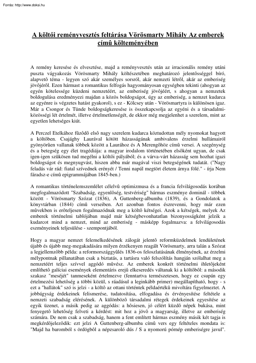 A költői reményvesztés feltárása Vörösmarty Mihály Az emberek című költeményében