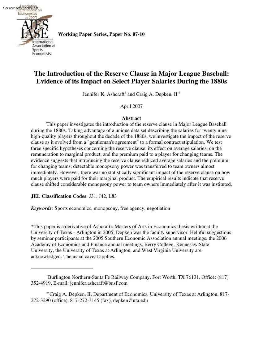 Ashcraft-Depken - The Introduction of the Reserve Clause in Major League Baseball, Evidence of its