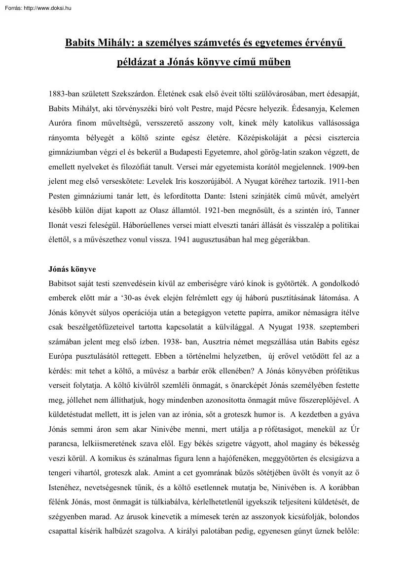 Babits Mihály -  A személyes számvetés és egyetemes érvényű példázat a Jónás könyve