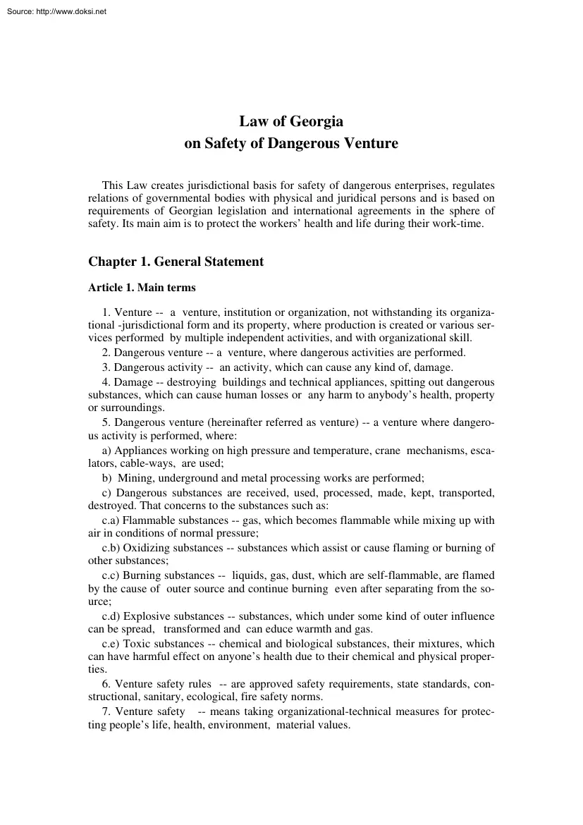 Law of Georgia on Safety of Dangerous Venture