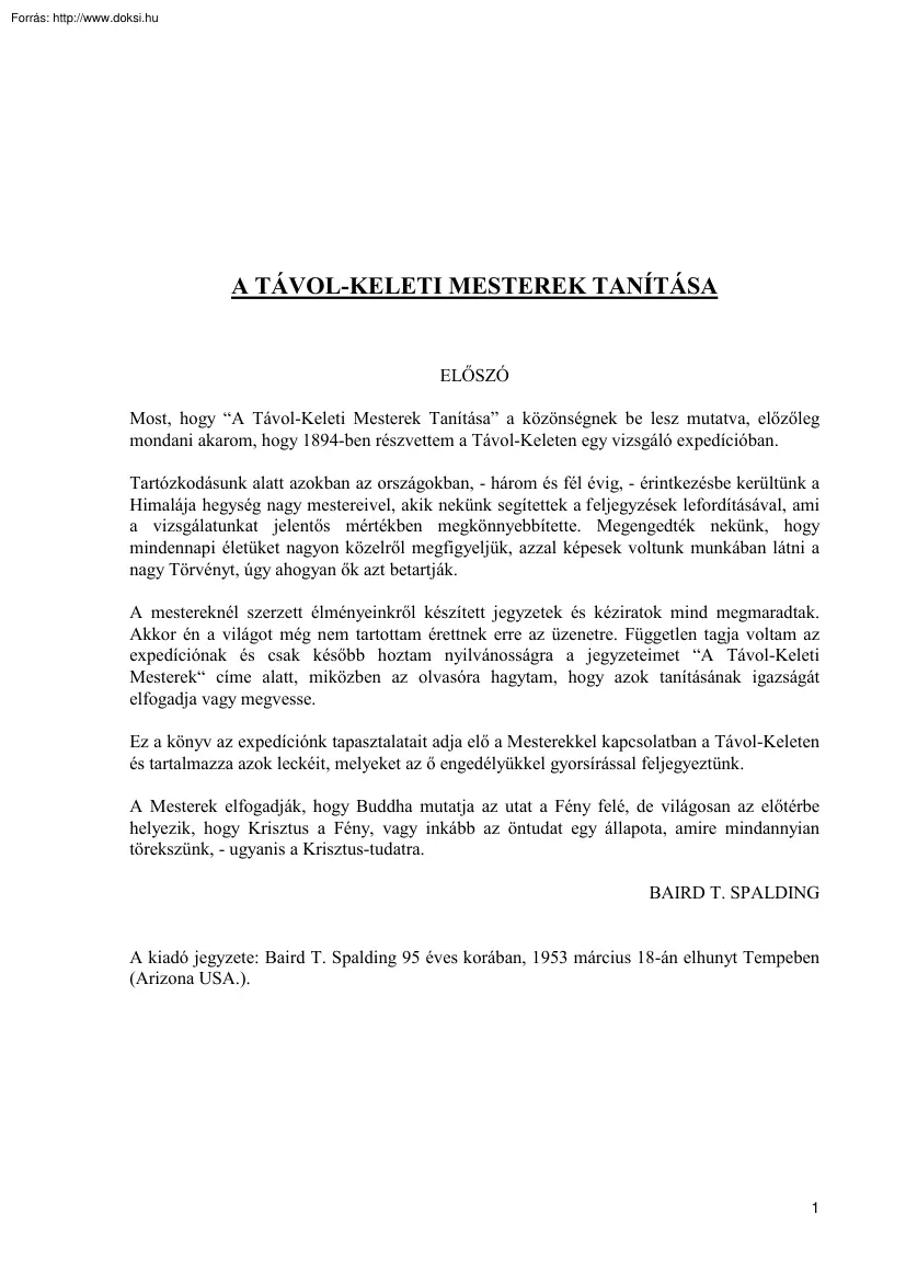 Baird T. Spalding - A távol-keleti mesterek tanítása