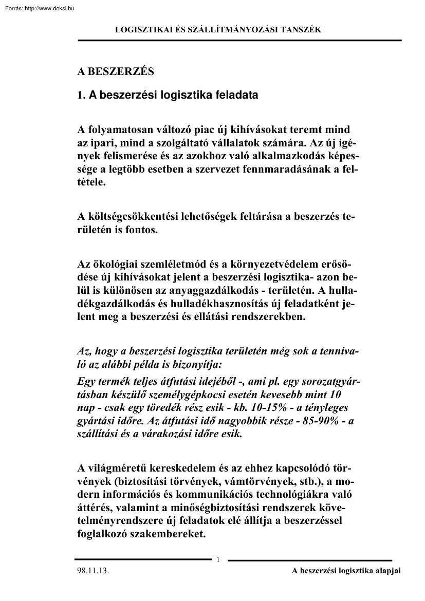 A beszerzési logisztika