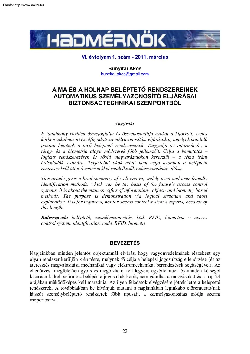 Bunyitai Ákos - A ma és a holnap beléptető rendszereinek automatikus személyazonosító