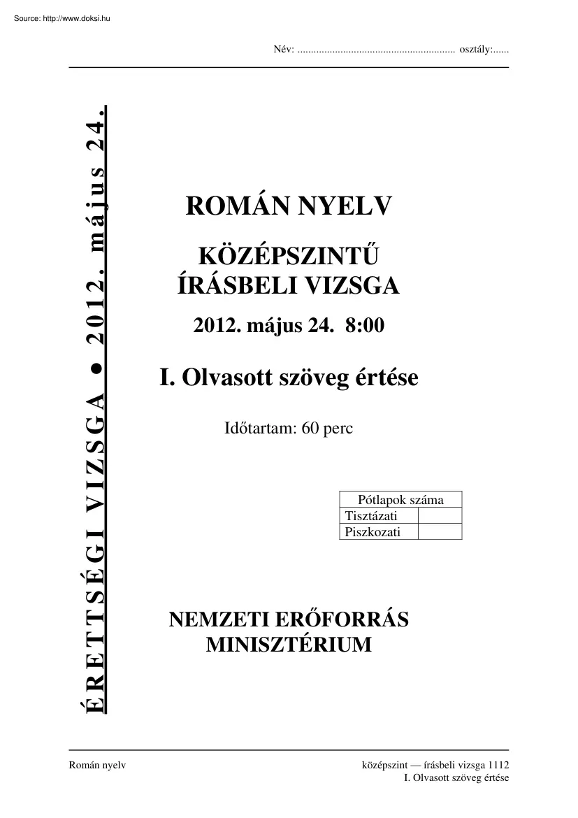 Román nyelv középszintű írásbeli érettségi vizsga megoldással, 2012