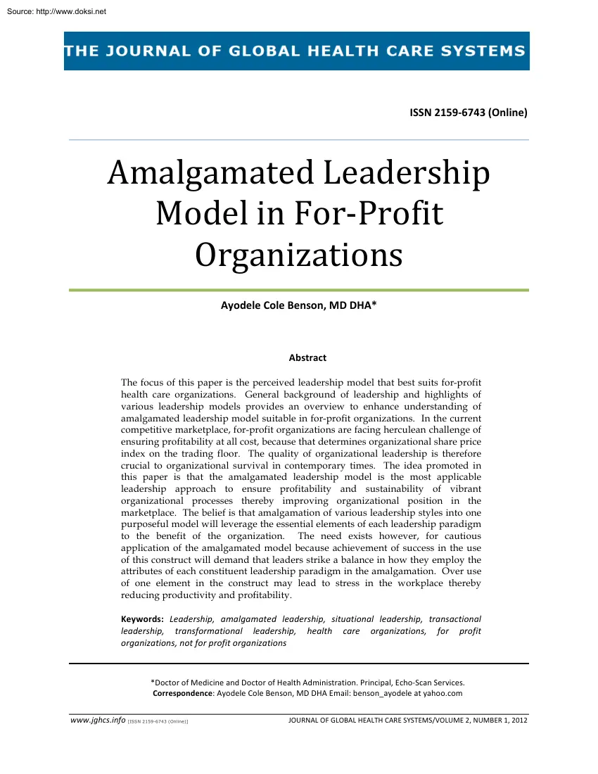 Ayodele Cole Benson - Amalgamated Leadership Model in For Profit Organizations