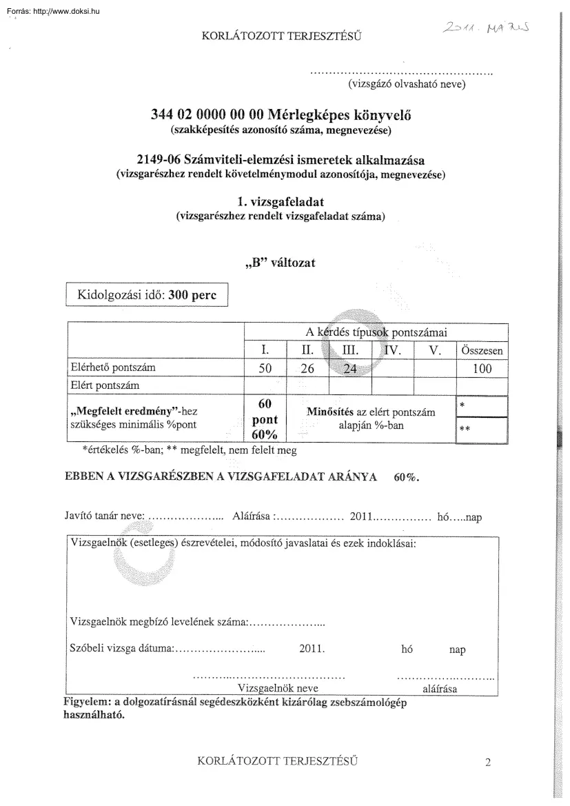 Mérlegképes könyvelő szakvizsga, 2011. május