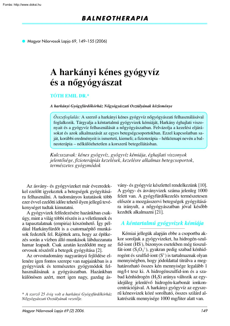 Dr. Tóth Emil - A harkányi kénes gyógyvíz és a nőgyógyászat