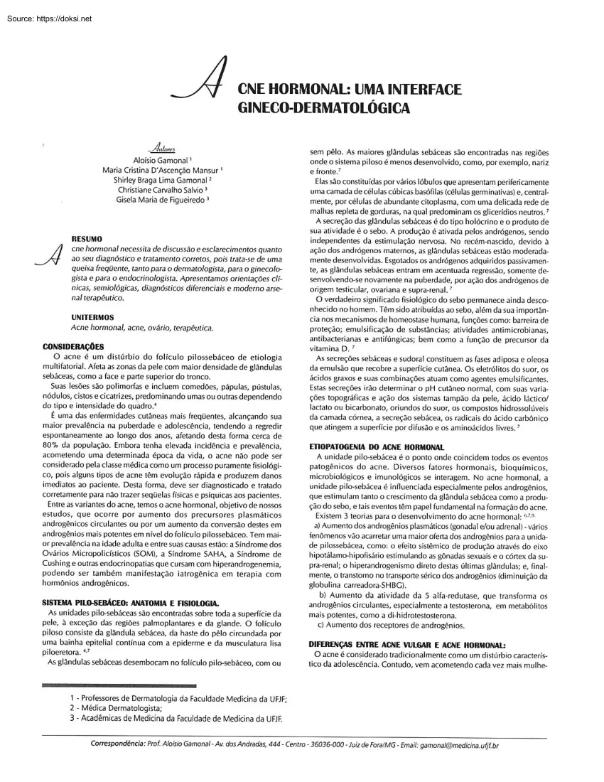 Acne Hormonal, Uma Interface Gineco Dermatologica
