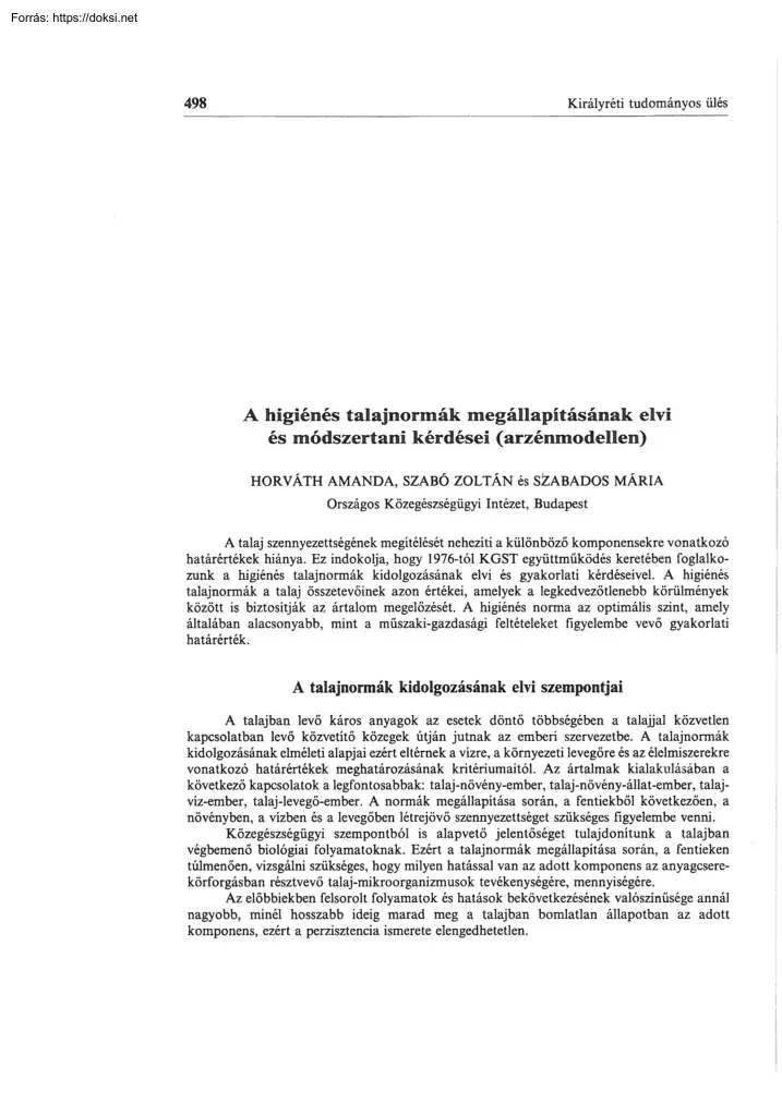 A higiénés talajnormák megállapításának elvi és módszertani kérdései (arzénmodellen)