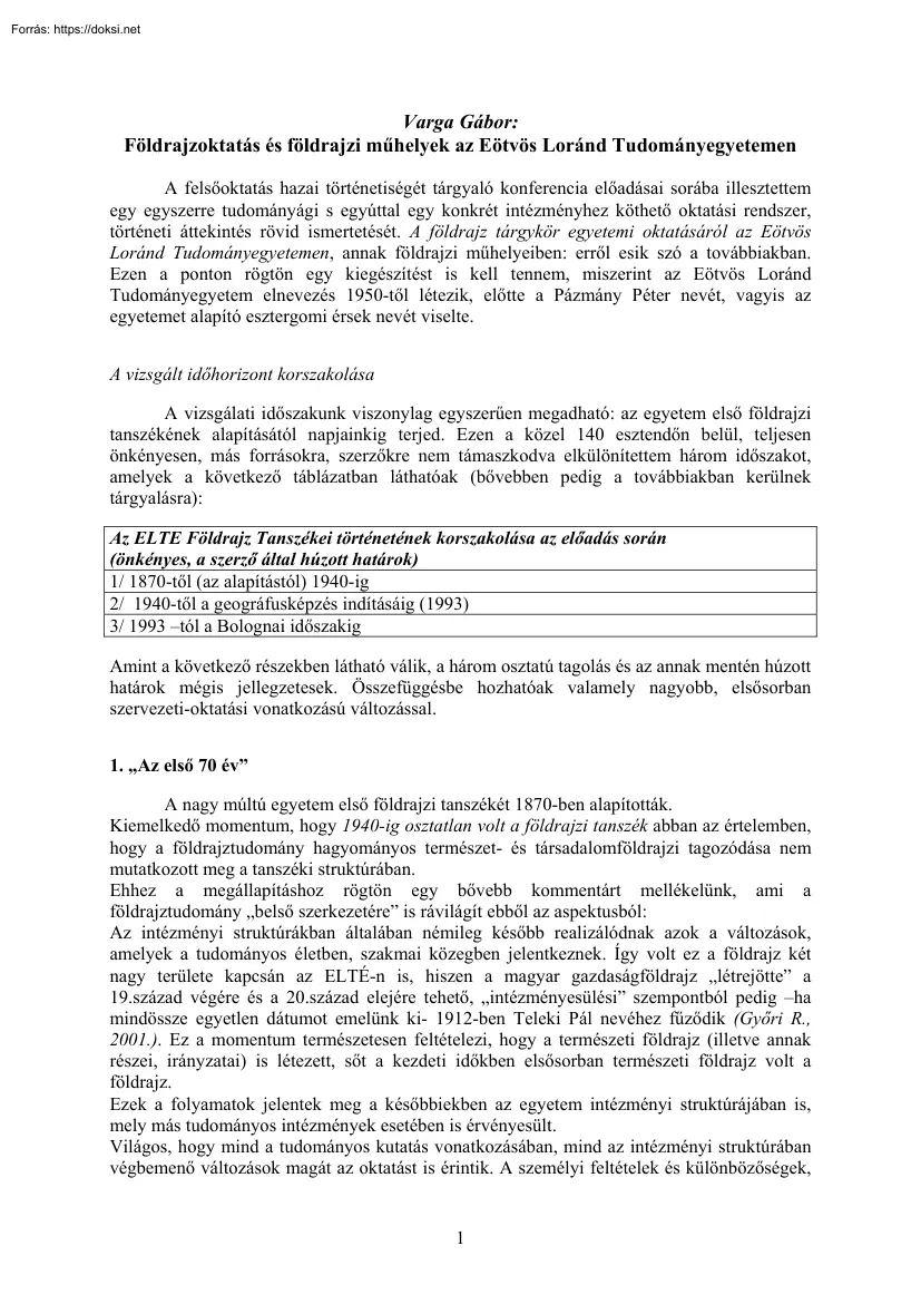 Varga Gábor - Földrajzoktatás és földrajzi műhelyek az Eötvös Loránd Tudományegyetemen