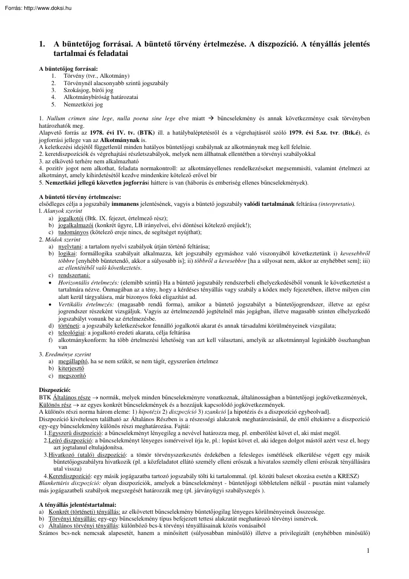 Büntetőjog tételek, általános és különös rész
