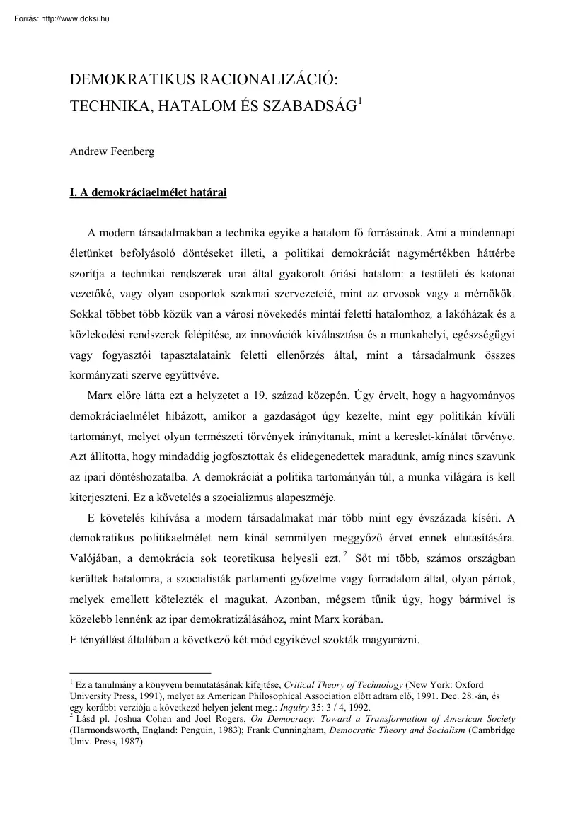 Andrew Feenberg - Demokratikus racionalizáció, technika, hatalom és szabadság