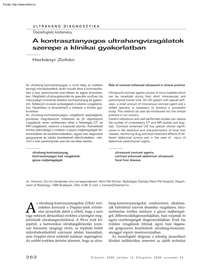 Harkányi Zoltán - A kontrasztanyagos ultrahangvizsgálatok szerepe a klinikai gyakorlatban