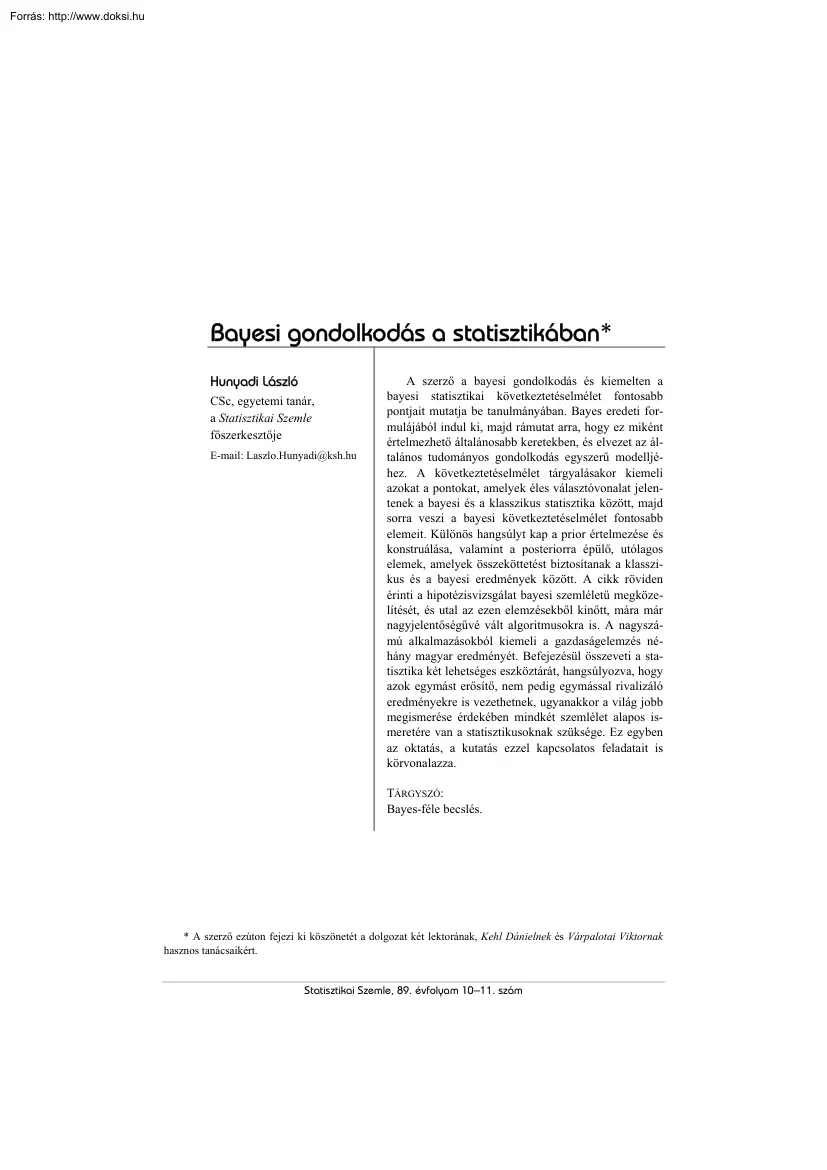Hunyadi László - Bayesi gondolkodás a statisztikában