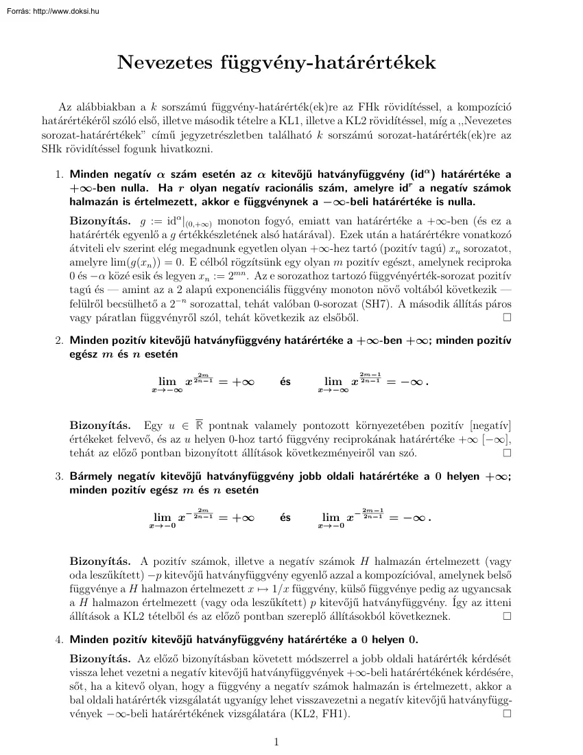Nevezetes függvény-határértékek