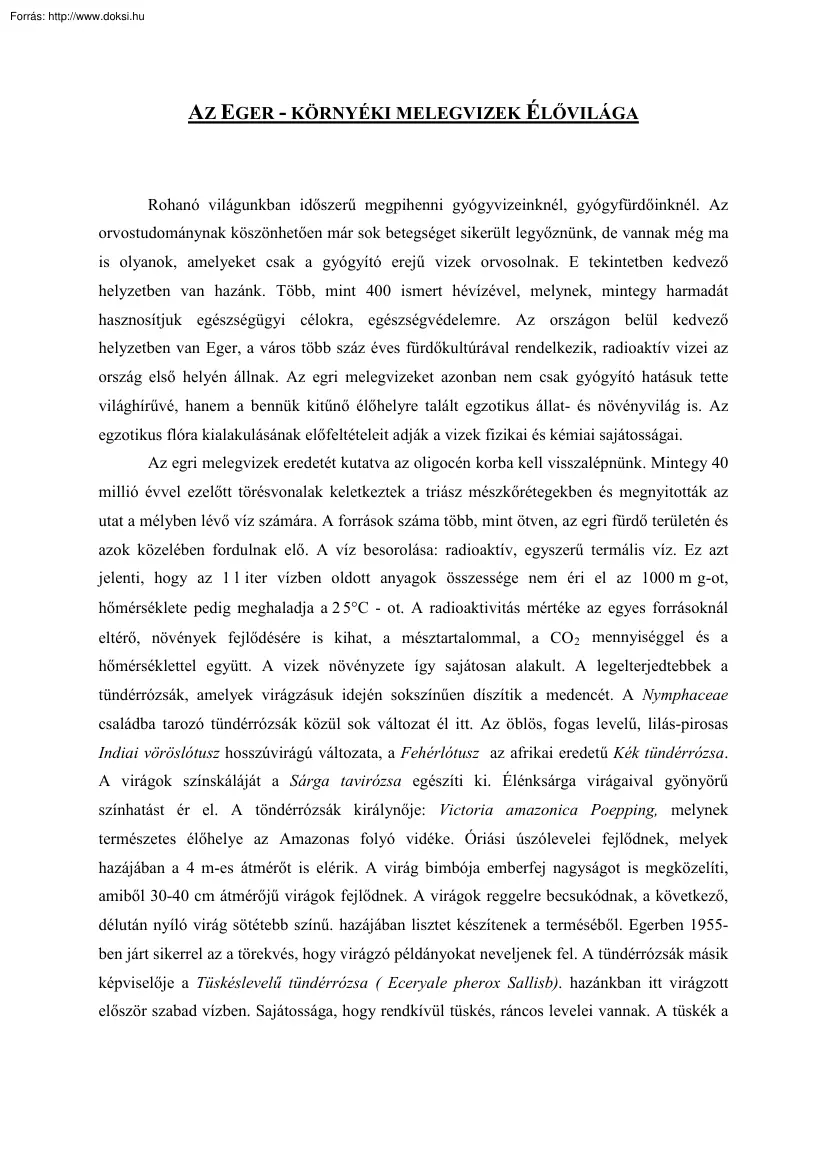 Az Eger-környéki melegvizek élővilága