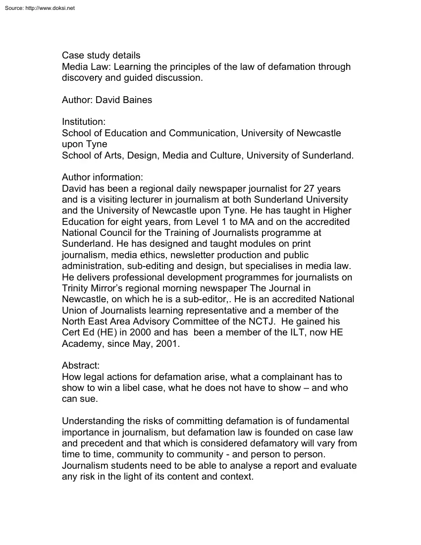 Case Study for Education in Journalism, Media Law