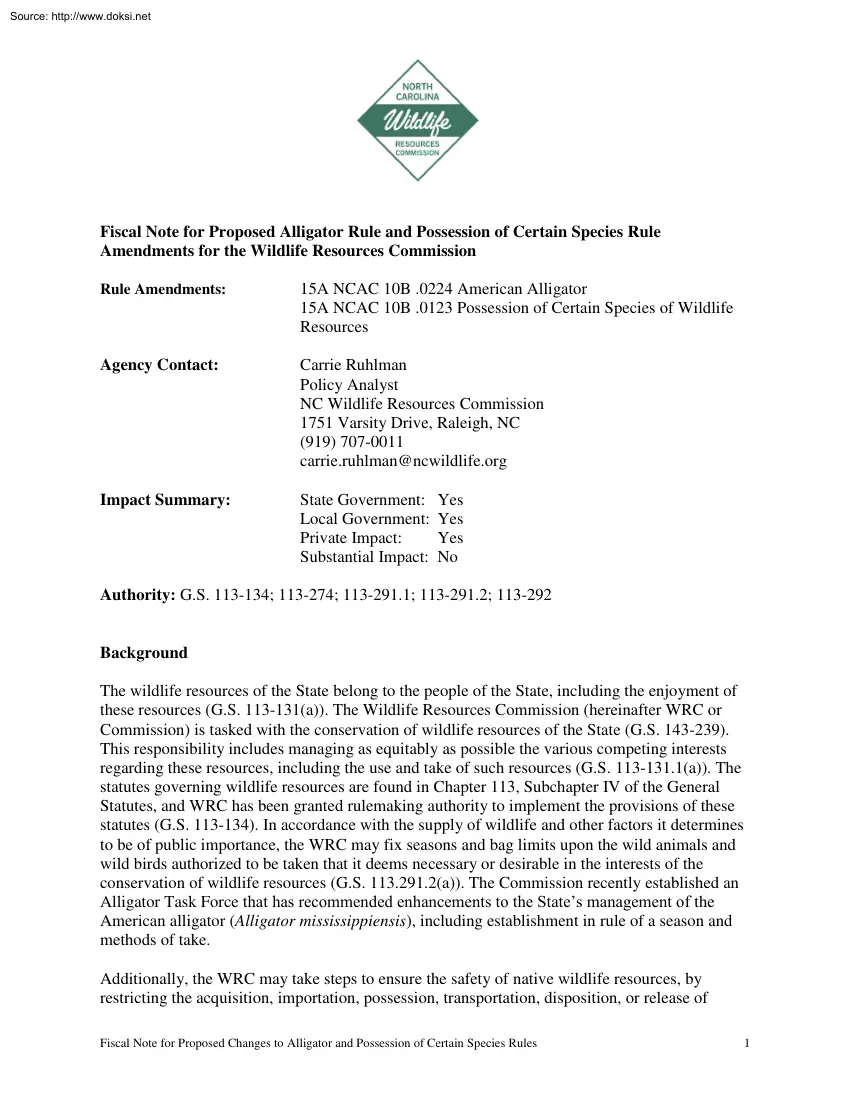 Fiscal Note for Proposed Alligator Rule and Possession of Certain Species Rule Amendments for the