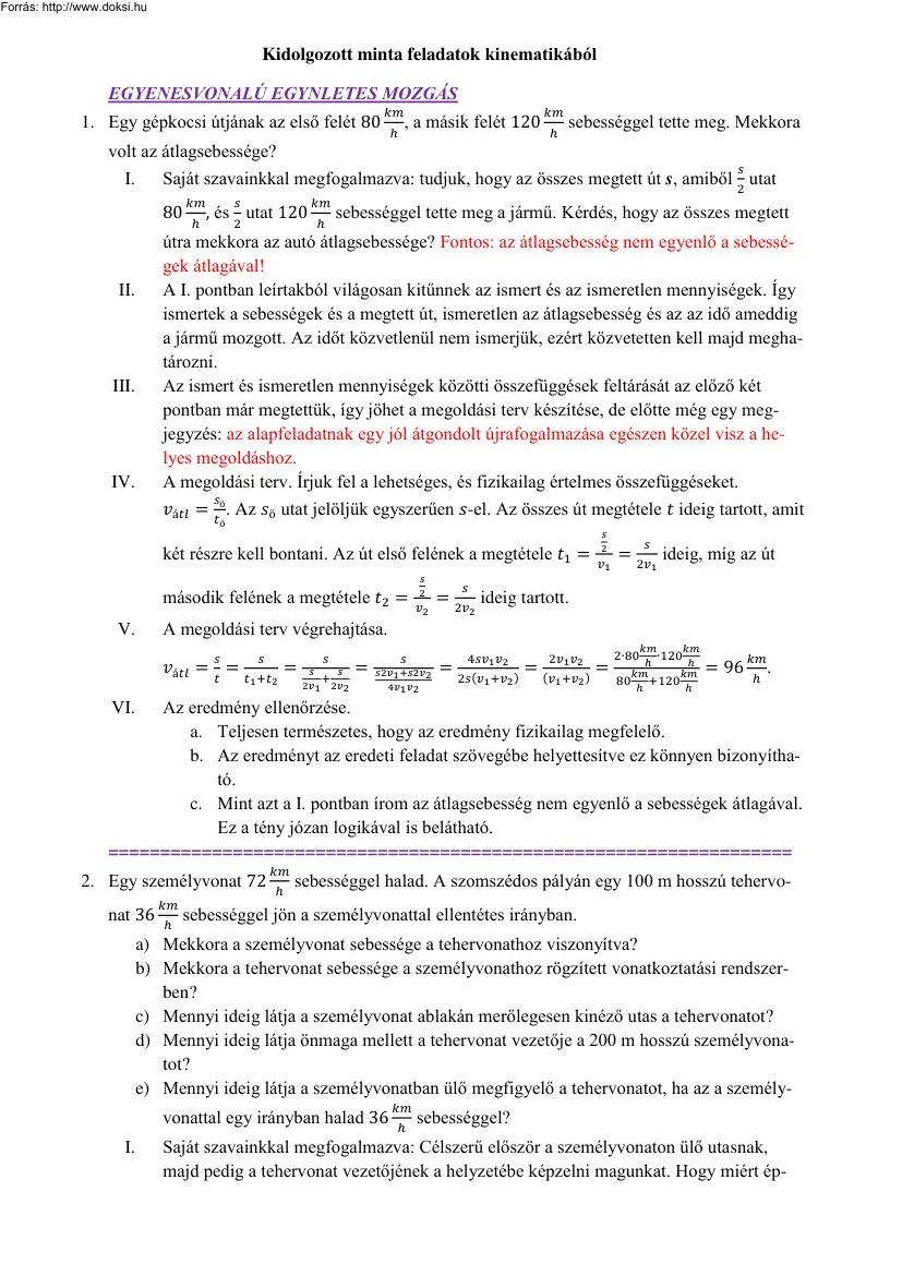 Kidolgozott minta feladatok kinematikából