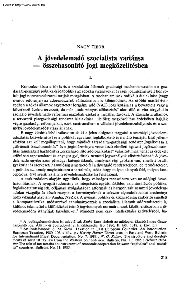 Nagy Tibor - A jövedelemadó szocialista variánsa, összehasonlító jogi megközelítésben
