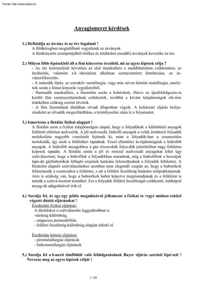 Anyagismeret kérdések és válaszok
