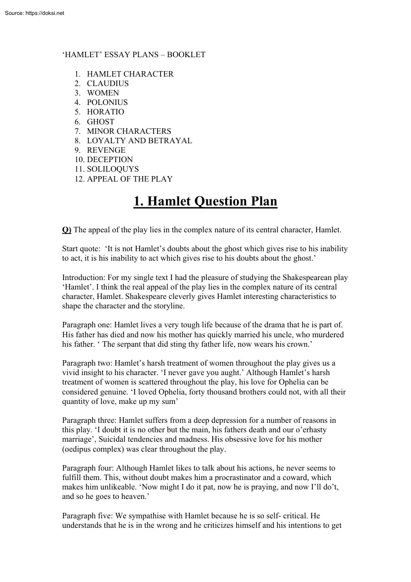 Hamlet Question Plan