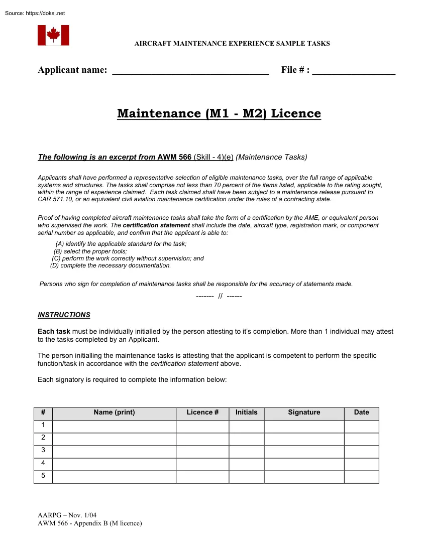 Aircraft Maintenance Experience Sample Tasks