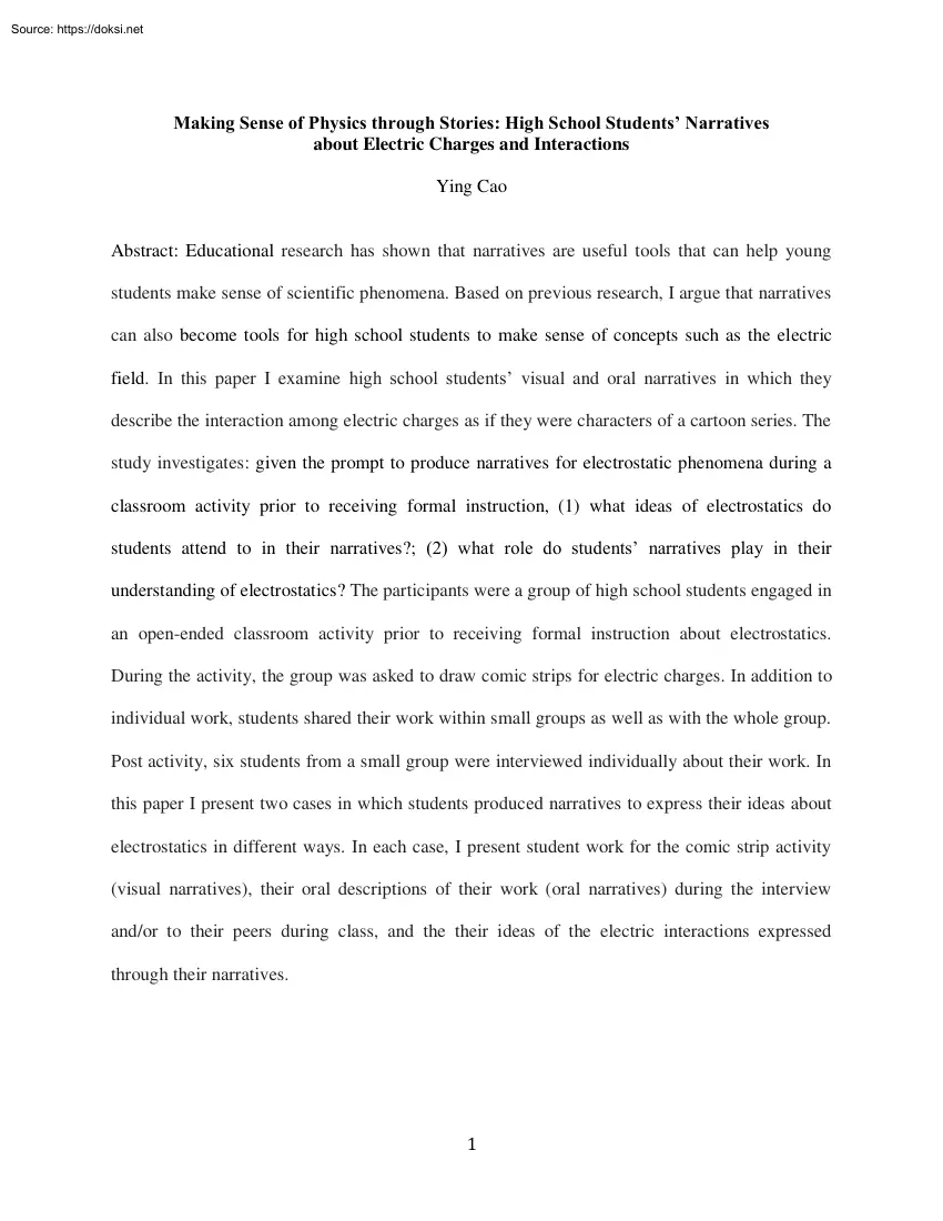 Ying Cao - Making Sense of Physics through Stories, High School Students Narratives about Electric
