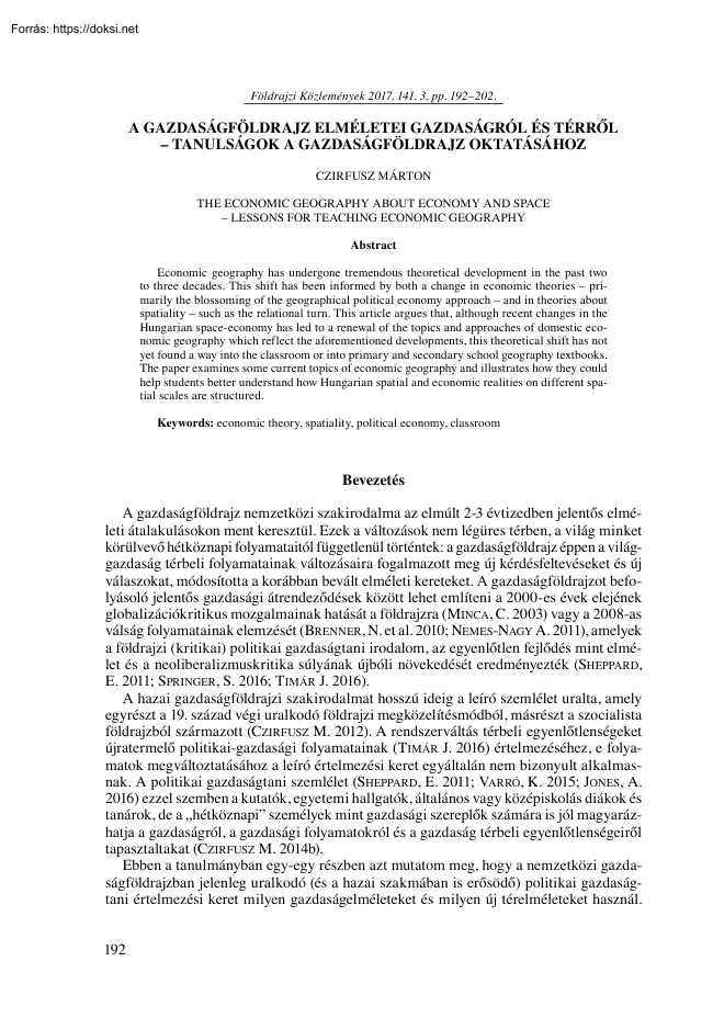Czirfusz Márton - A gazdaságföldrajz elméletei gazdaságról és térről, tanulságok a