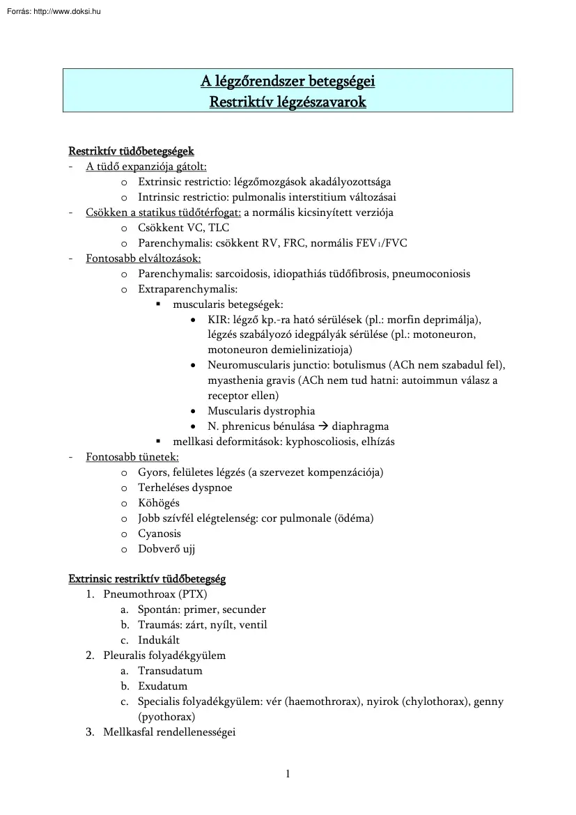 A légzőrendszer betegségei, restriktív légzészavarok