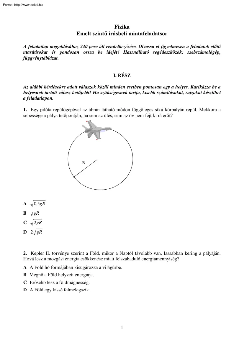Fizika emelt szintű érettségi mintafeladatsor megoldással
