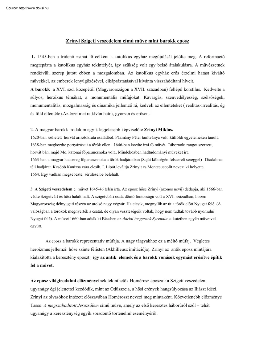 Zrínyi Szigeti veszedelem című műve mint barokk eposz