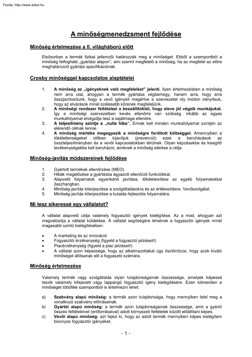 A minőségmenedzsment fejlődése