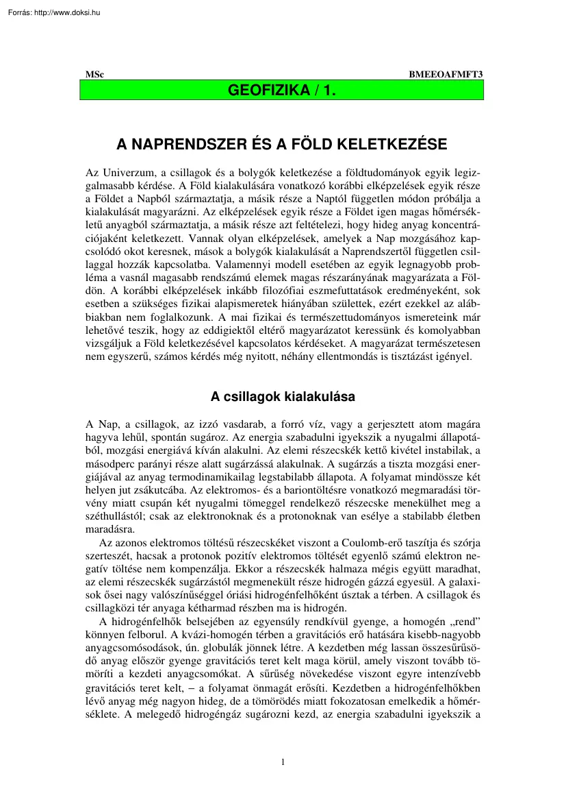 A Naprendszer és a Föld keletkezése