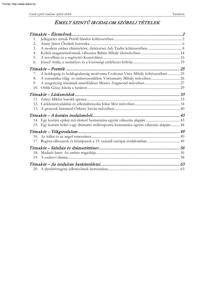 Emelt szintű irodalom szóbeli tételek, 2005