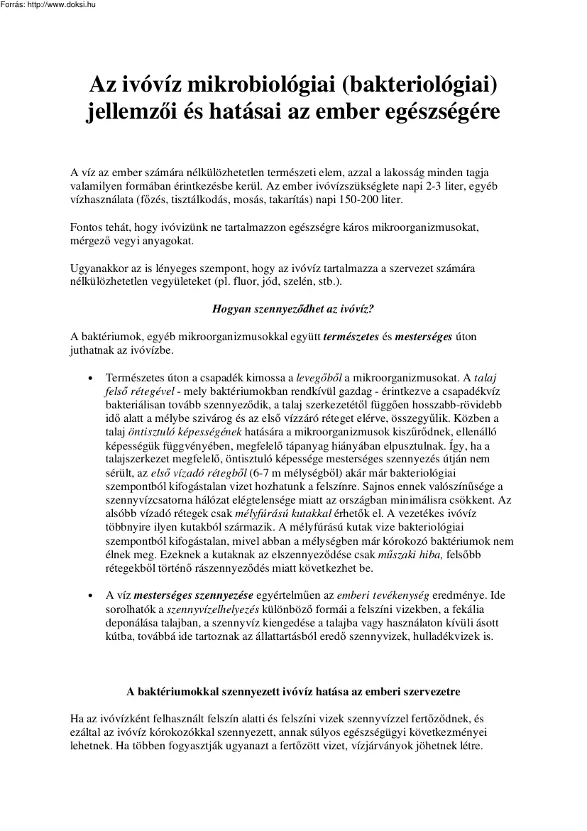 Az ivóvíz mikrobiológiai jellemzői és hatásai az ember egészségére