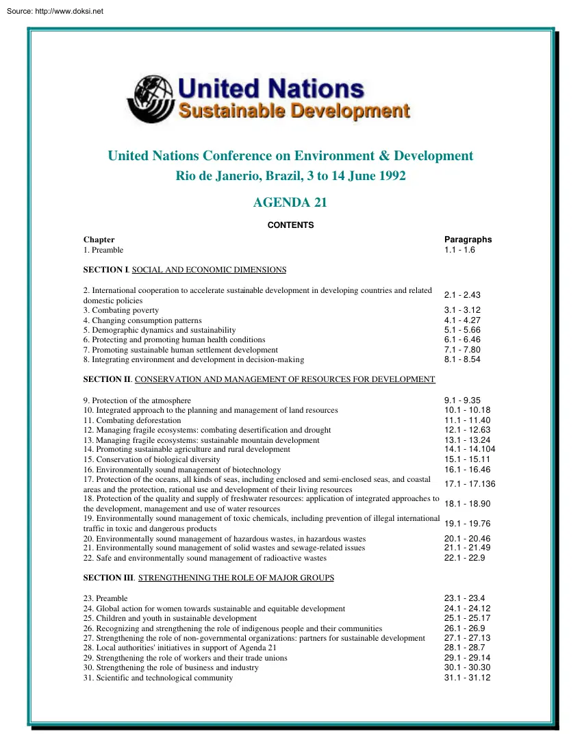 United Nations Conference on Environment and Development Rio de Janerio, Brazil, 3 to 14 June 1992