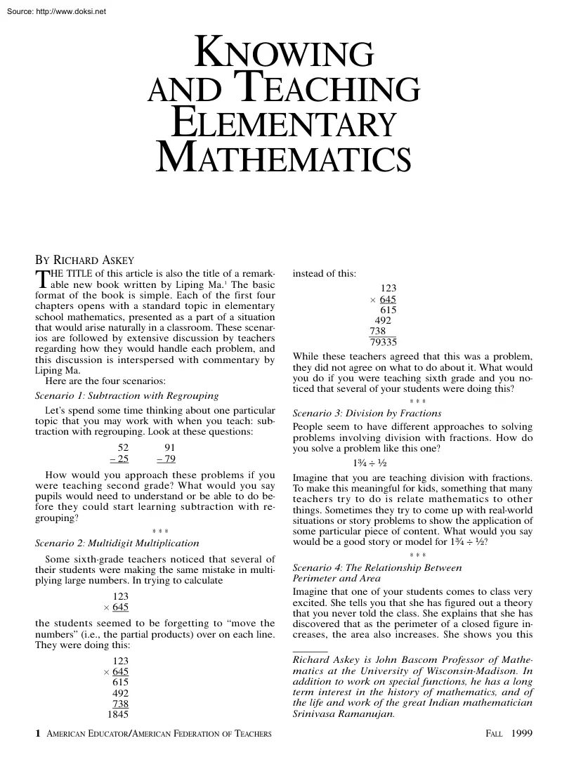 Knowing and Teaching Elementary Mathematics