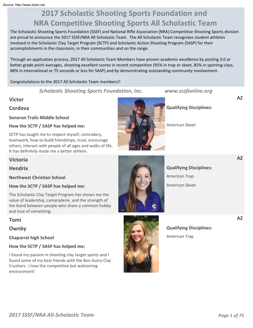 2017 Scholastic Shooting Sports Foundation and NRA Competitive Shooting Sports All Scholastic Team