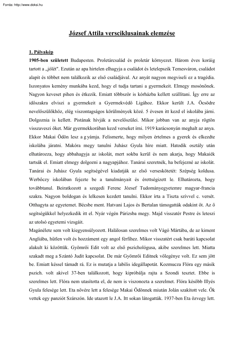 József Attila versciklusainak elemzése
