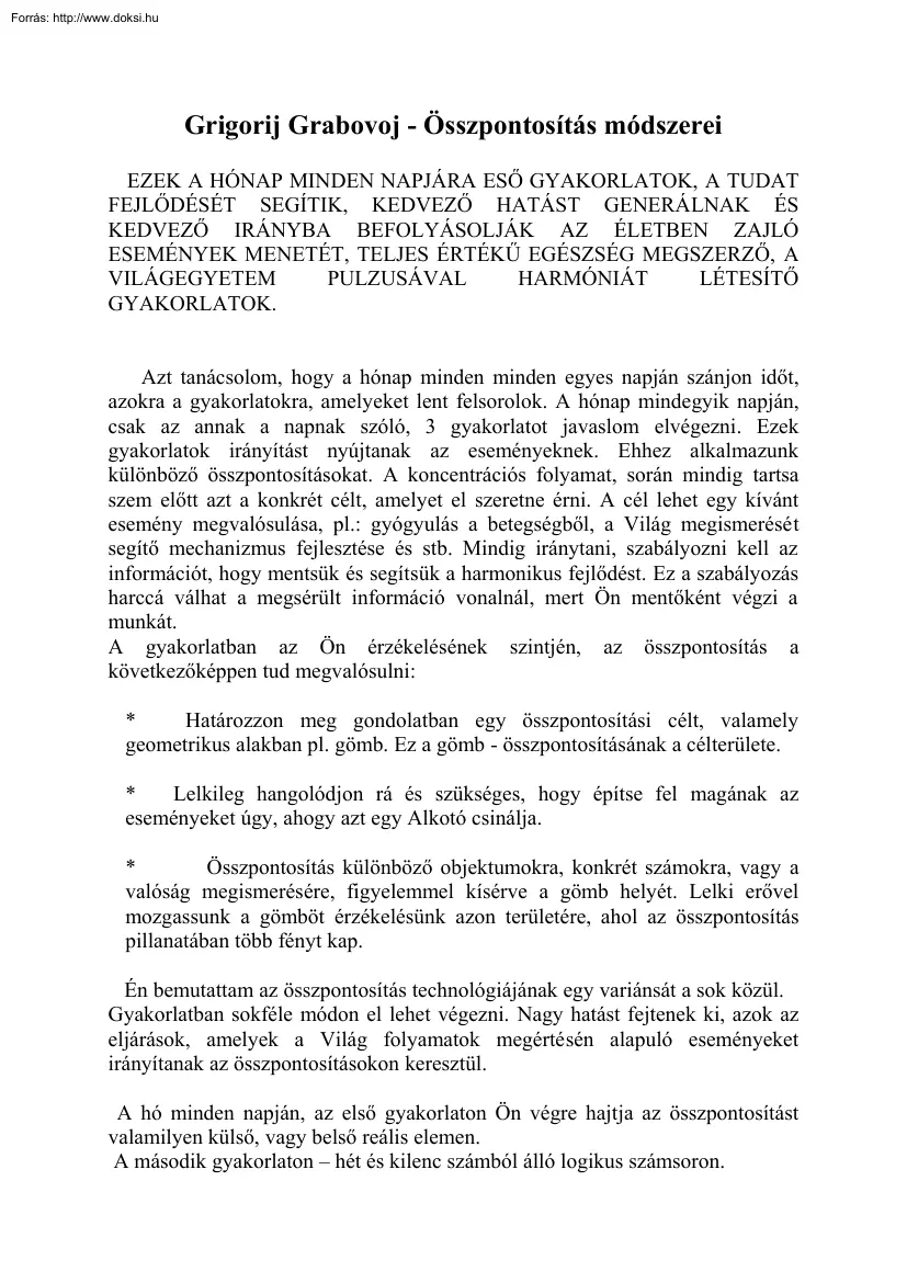 Grigorij Grabovoj - Összpontosítás módszerei