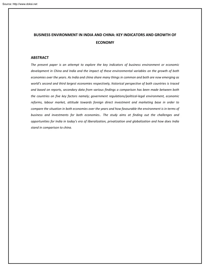 Business Environment in India and China, Key Indicators and Growth of Economy